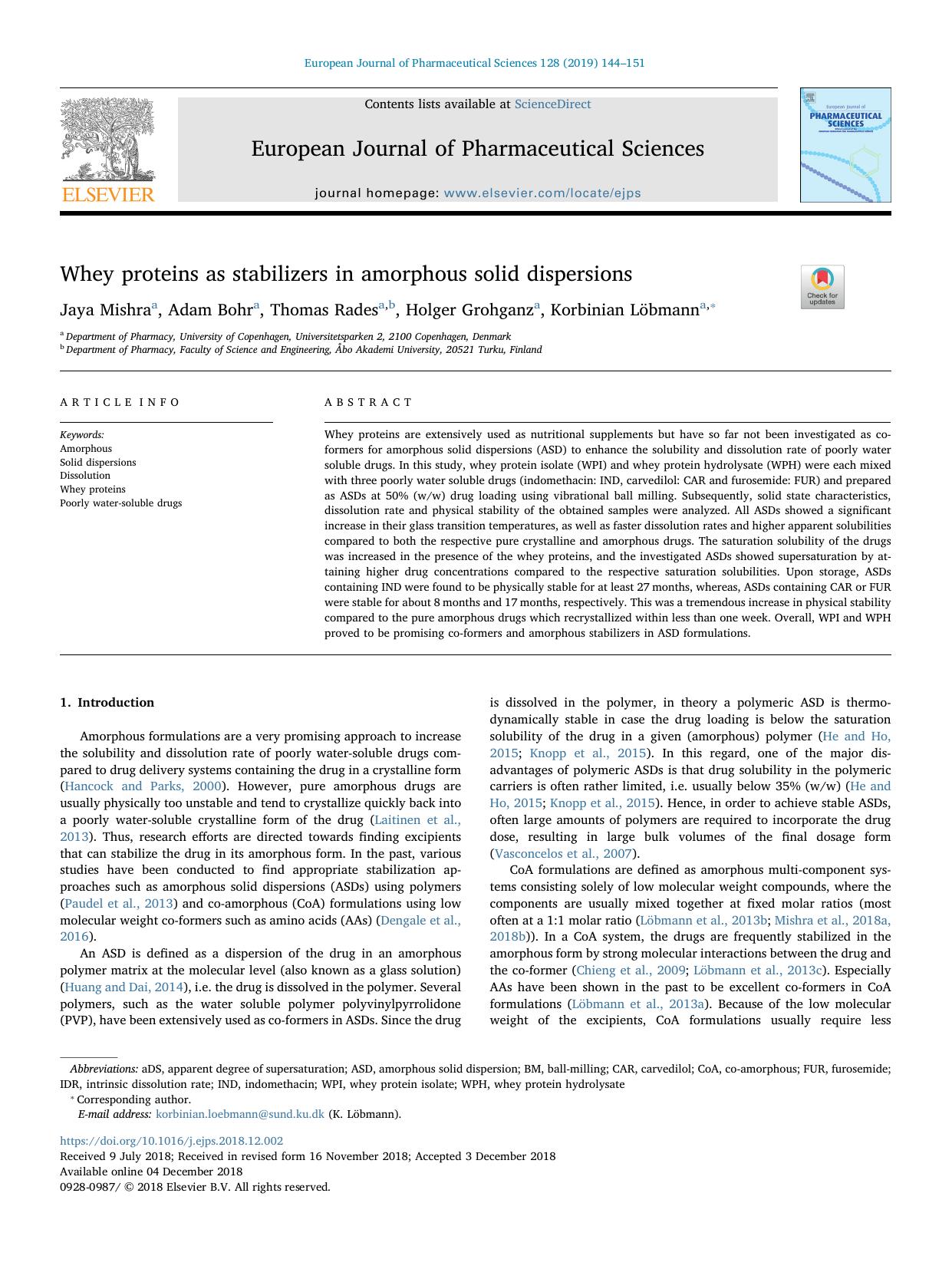 Whey proteins as stabilizers in amorphous solid dispersions by Jaya Mishra & Adam Bohr & Thomas Rades & Holger Grohganz & Korbinian Löbmann