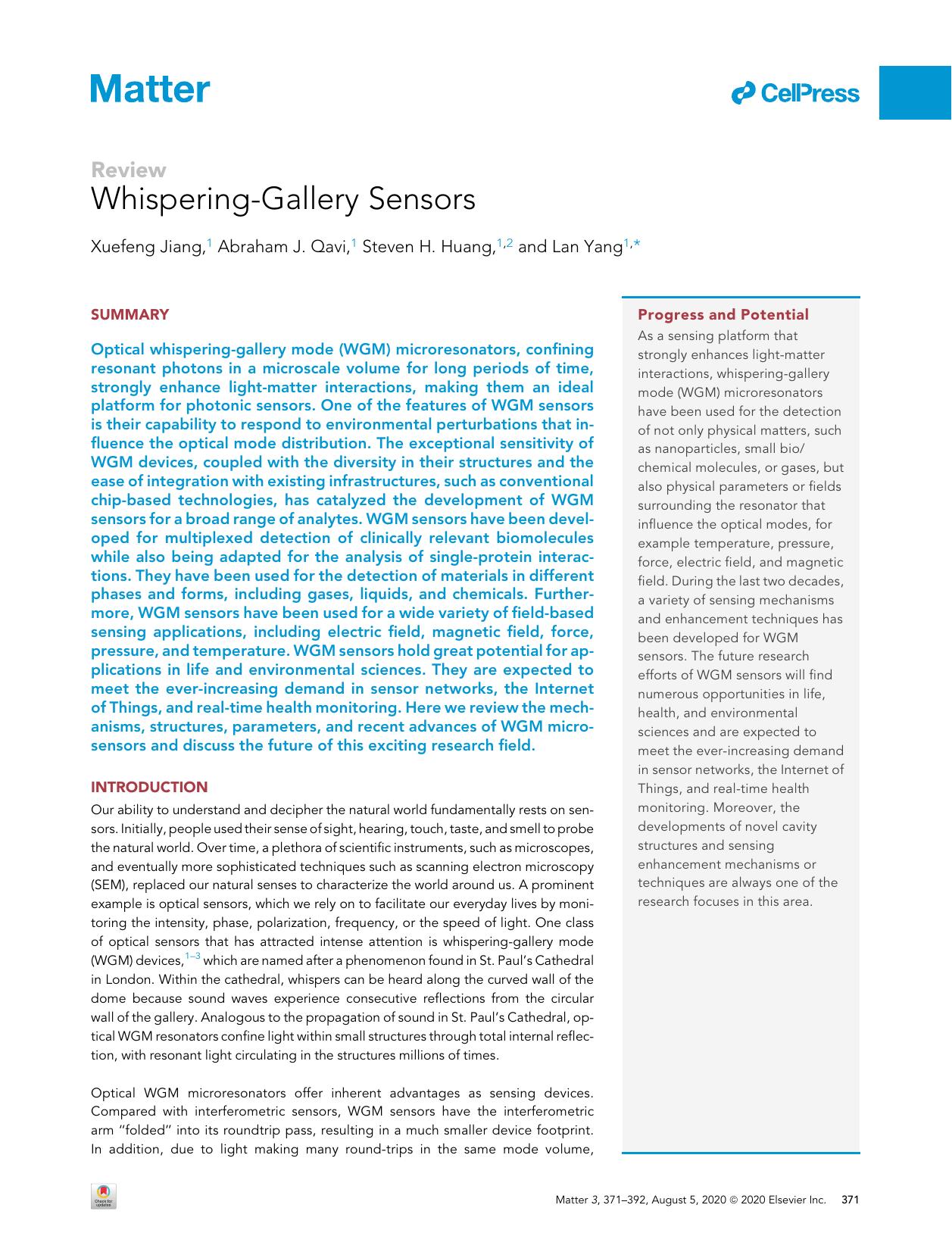 Whispering-Gallery Sensors by Xuefeng Jiang & Abraham J. Qavi & Steven H. Huang & Lan Yang