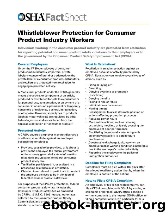 Whistleblower Protection for Consumer Product Industry Workers by OSHA