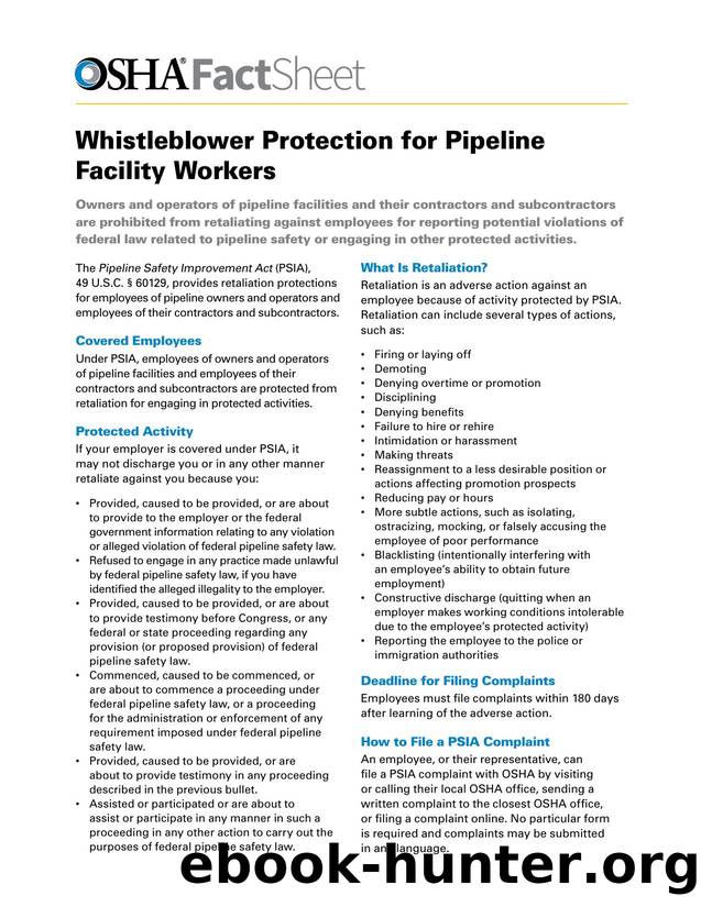 Whistleblower Protection for Pipeline Facility Workers by OSHA