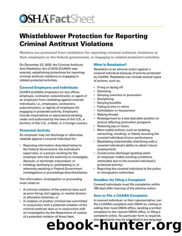 Whistleblower Protection for Reporting Criminal Antitrust Violations by OSHA