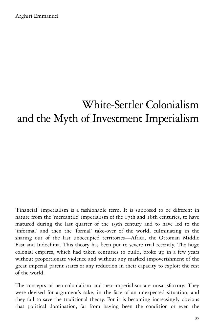 White-Settler Colonialism and the Myth of Investment Imperialism by Arghiri Emmanuel