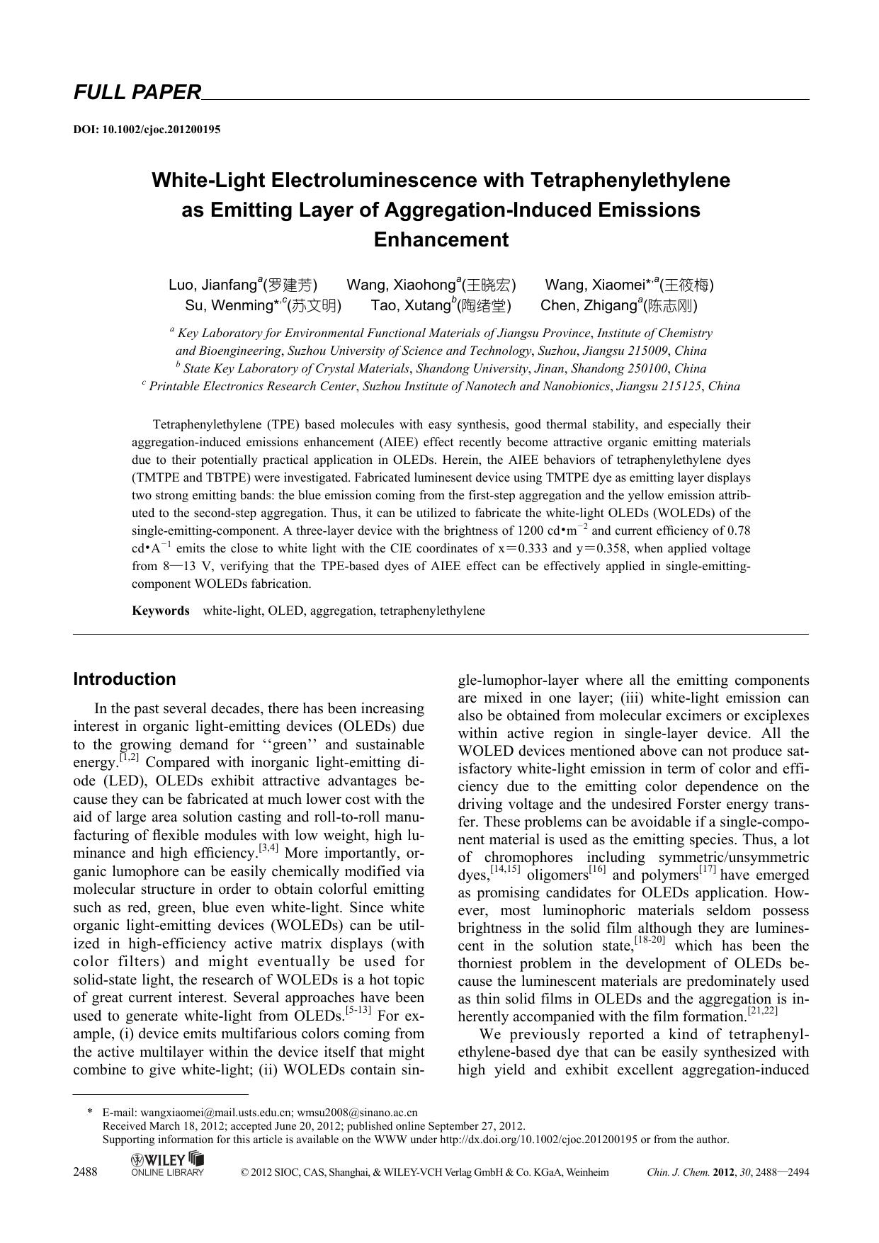 WhiteLight Electroluminescence with Tetraphenylethylene as Emitting Layer of AggregationInduced Emissions Enhancement by uy