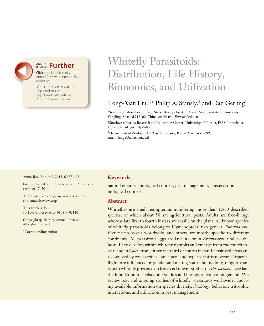 Whitefly Parasitoids: Distribution, Life History, Bionomics, and Utilization by Tong-Xian Liu Philip A. Stansly Dan Gerling