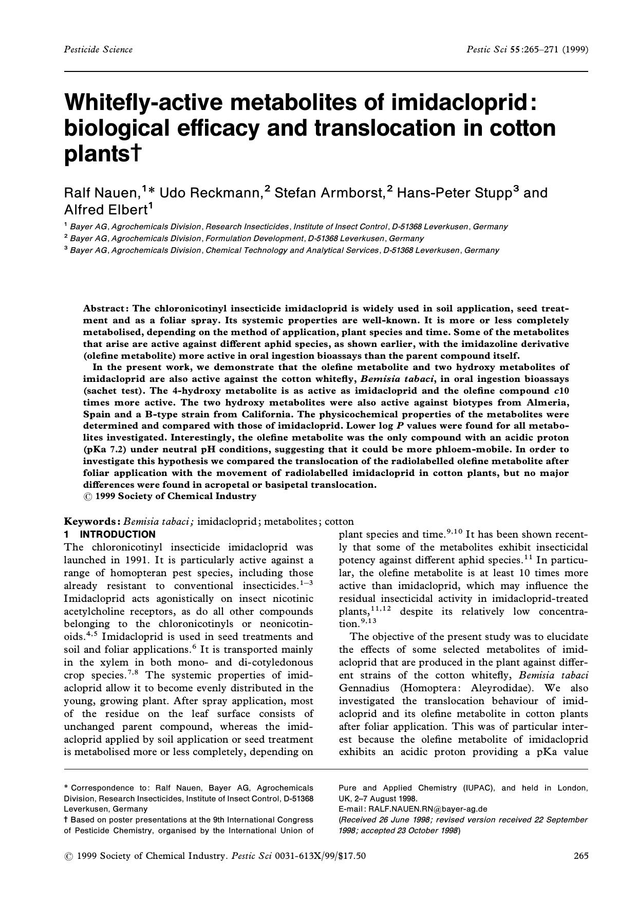 Whiteflyactive metabolites of imidacloprid: biological efficacy and translocation in cotton plants by Unknown
