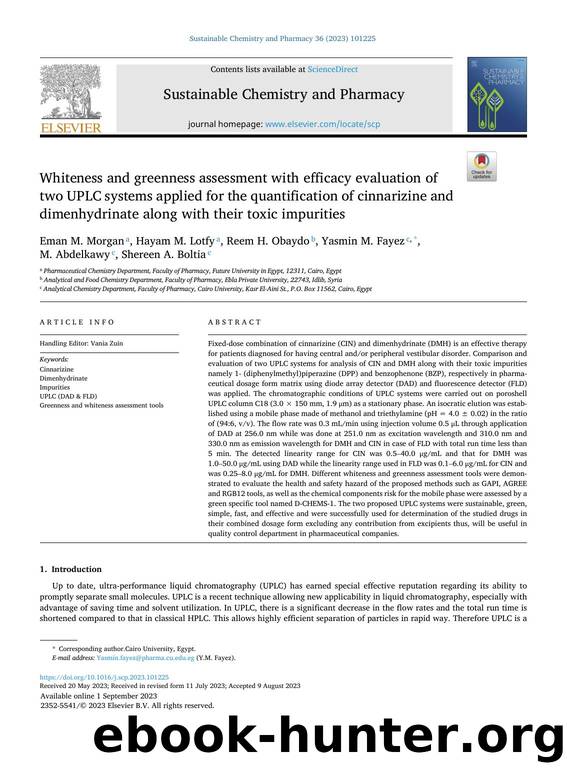 Whiteness and greenness assessment with efficacy evaluation of two UPLC systems applied for the quantification of cinnarizine and dimenhydrinate along with their toxic impurities by unknow