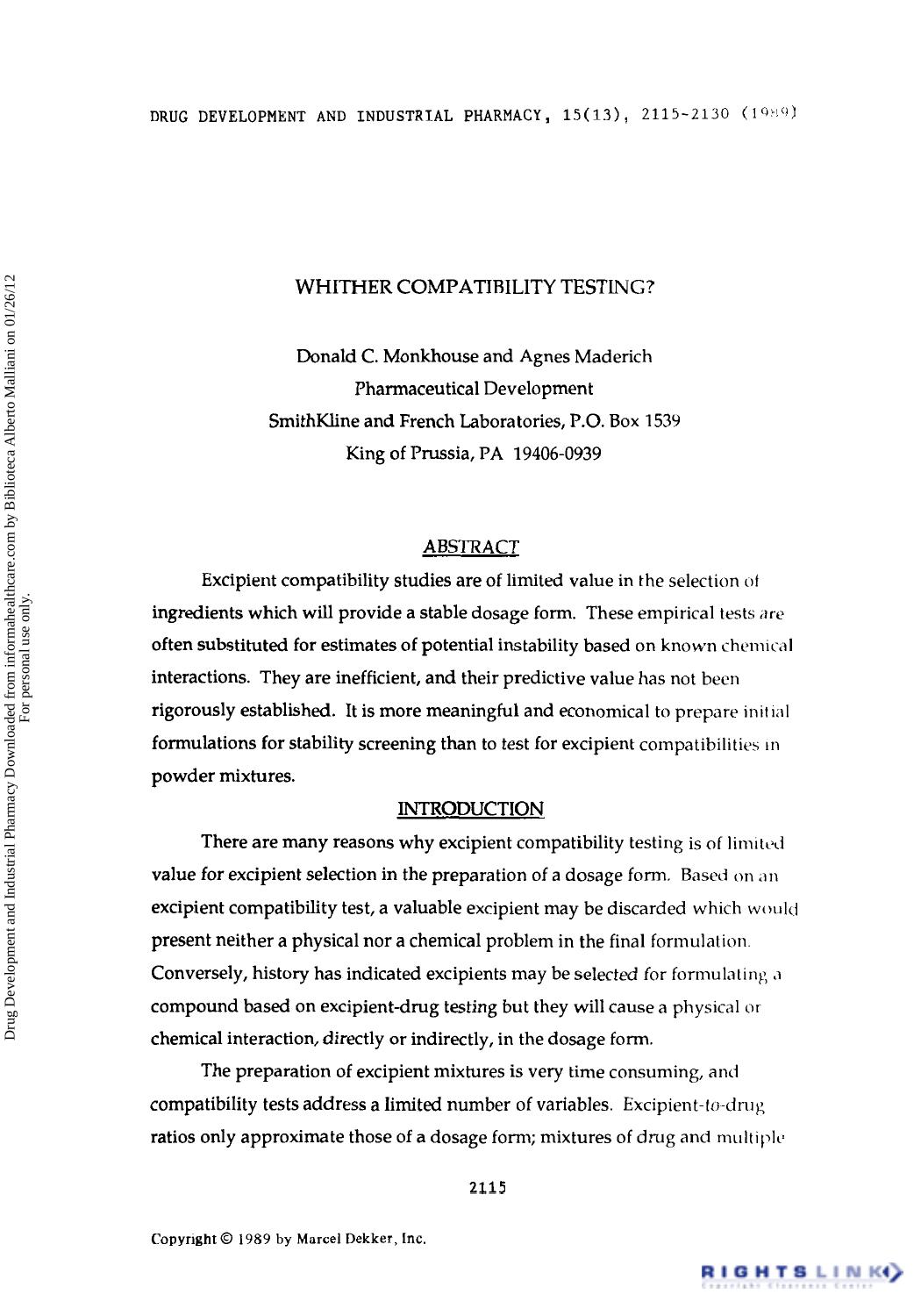 Whither Compatibility Testing? by Donald C. Monkhouse & Agnes Maderich