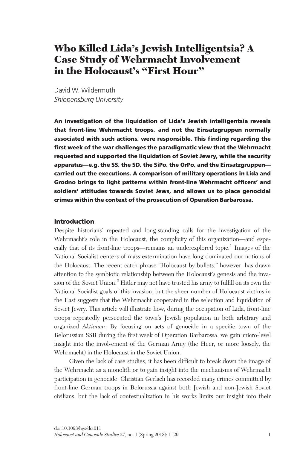 Who Killed Lida's Jewish Intelligentsia, A Case Study of Wehrmacht Involvement in the Holocaust's First Hour by Unknown