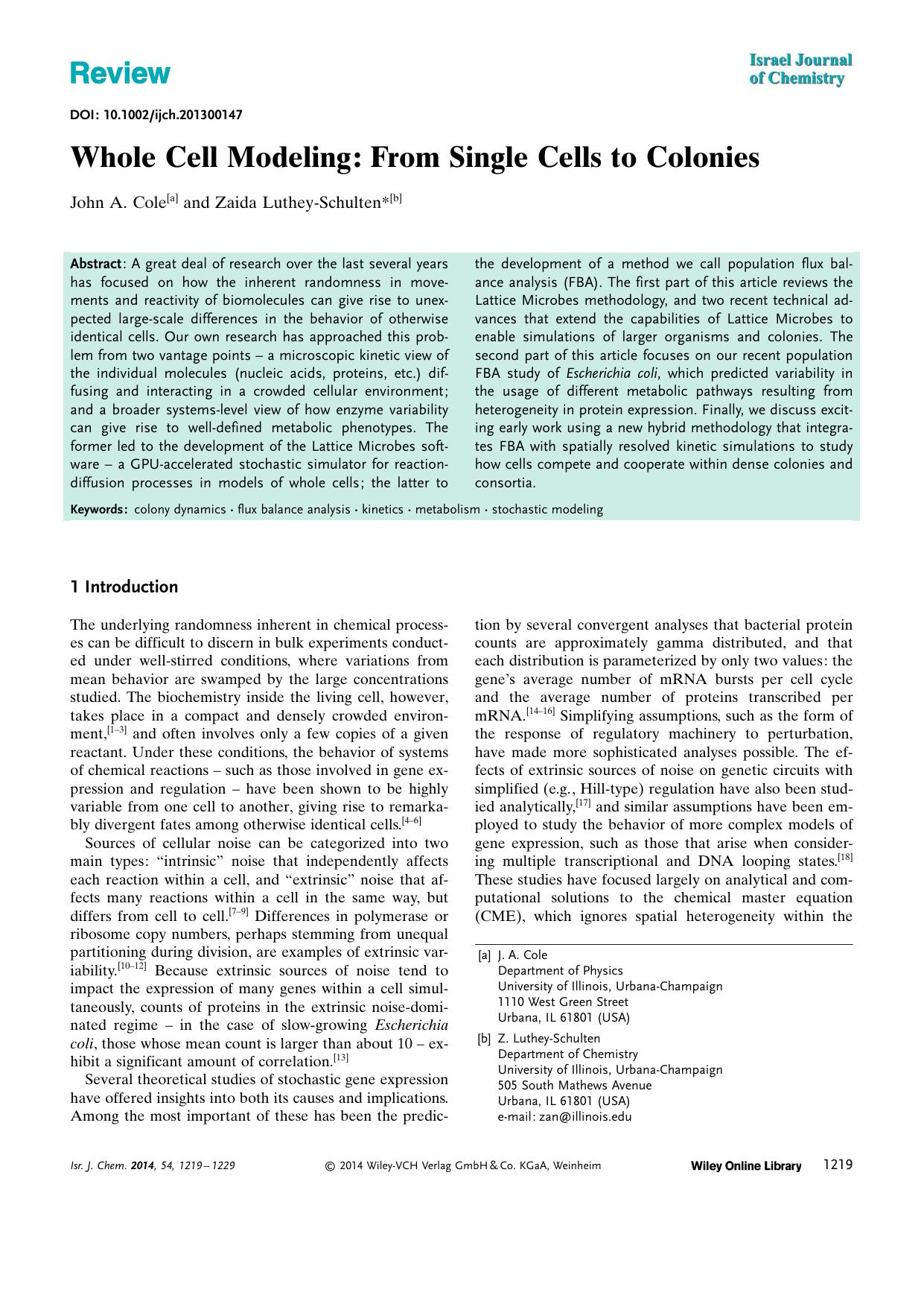 Whole Cell Modeling: From Single Cells to Colonies by Unknown