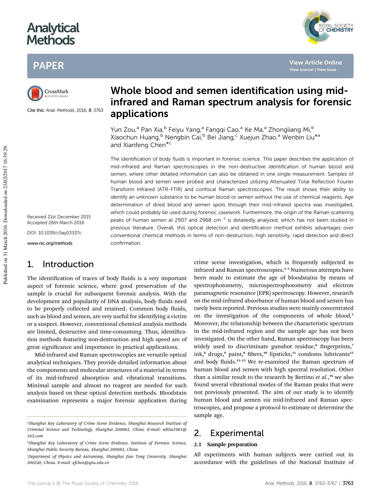 Whole blood and semen identification using mid-infrared and Raman spectrum analysis for forensic applications by unknow