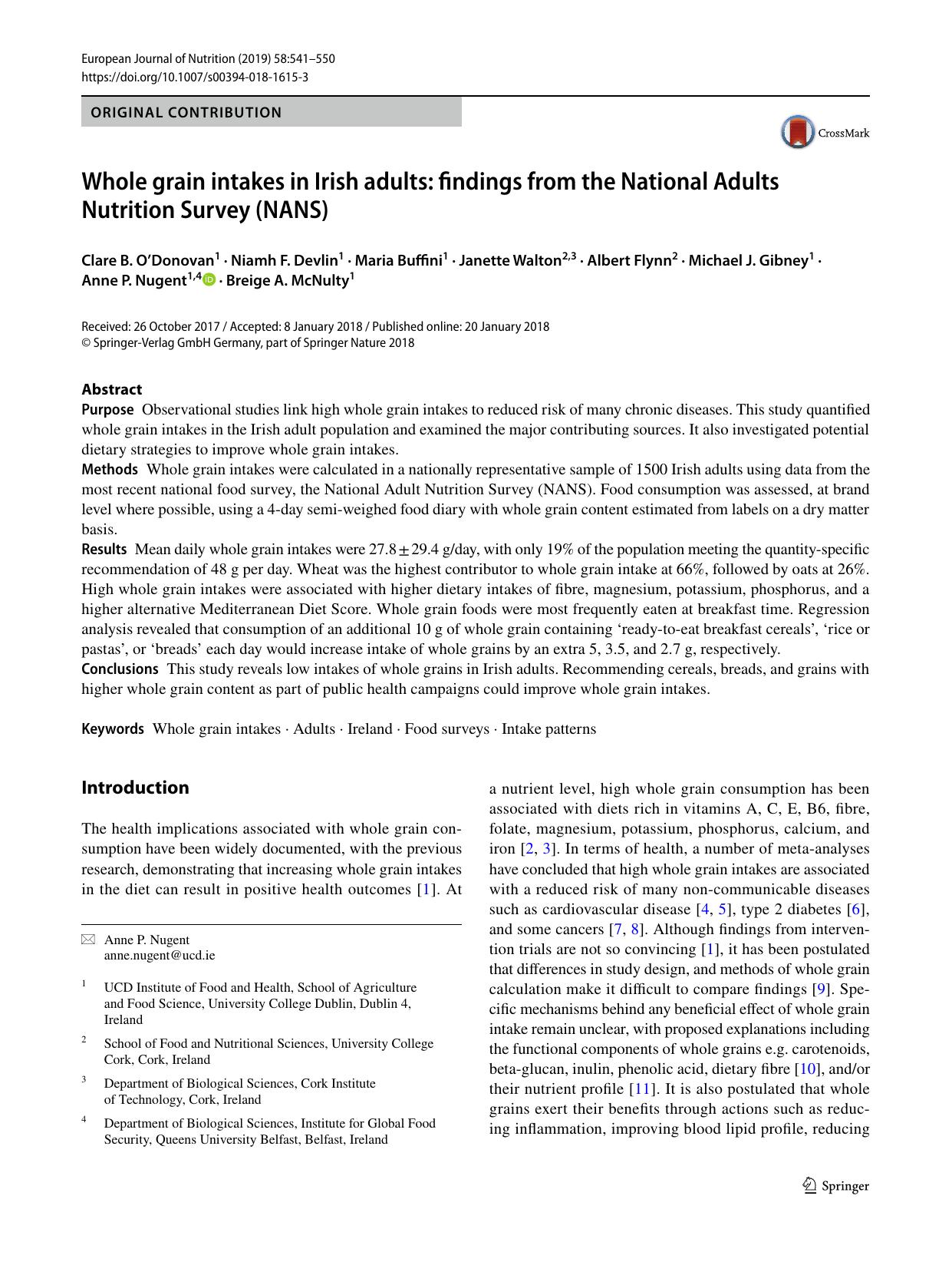 Whole grain intakes in Irish adults: findings from the National Adults Nutrition Survey (NANS) by Clare B. O’Donovan