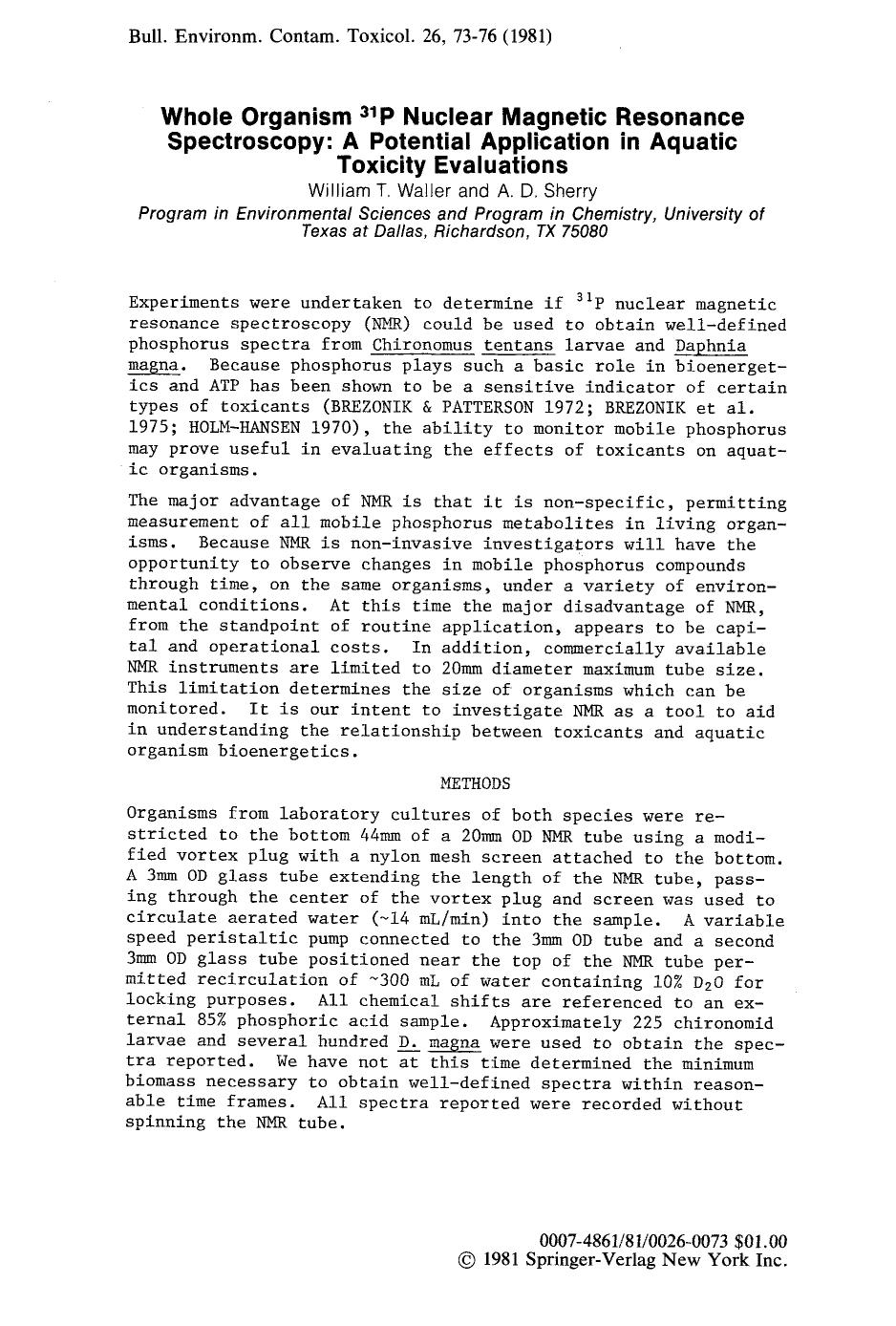 Whole organism <Superscript>31 <Superscript>P nuclear magnetic resonance spectroscopy: A potential application in aquatic toxicity evaluations by Unknown