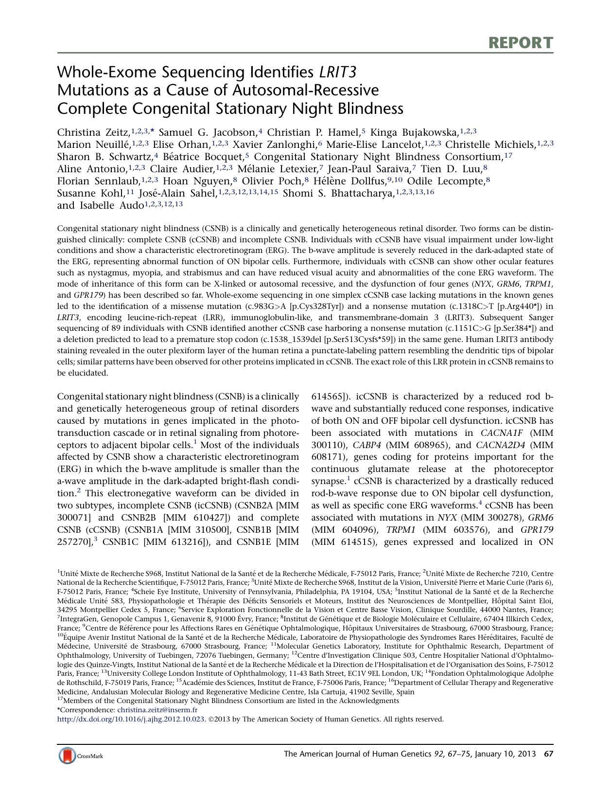Whole-Exome Sequencing Identifies LRIT3 Mutations as a Cause of Autosomal-Recessive Complete Congenital Stationary Night Blindness by unknow