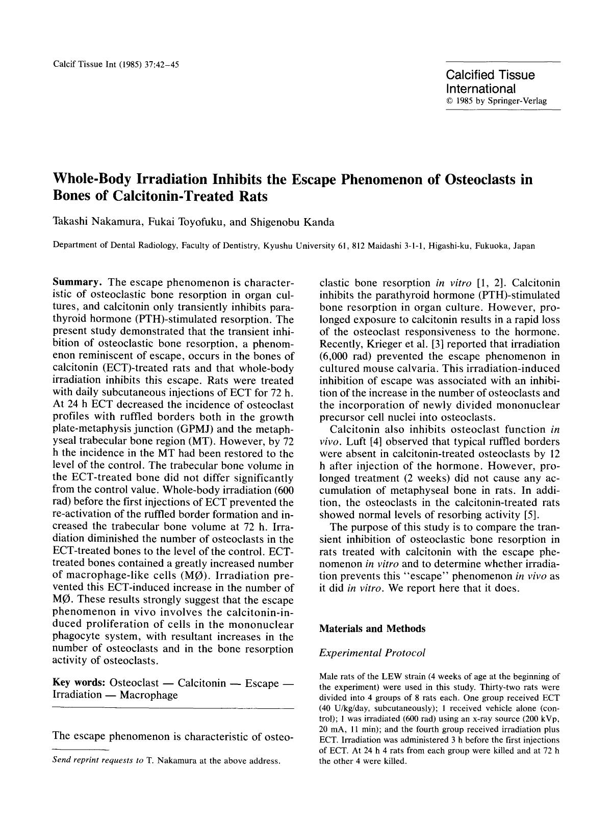 Whole-body irradiation inhibits the escape phenomenon of osteoclasts in bones of calcitonin-treated rats by Unknown