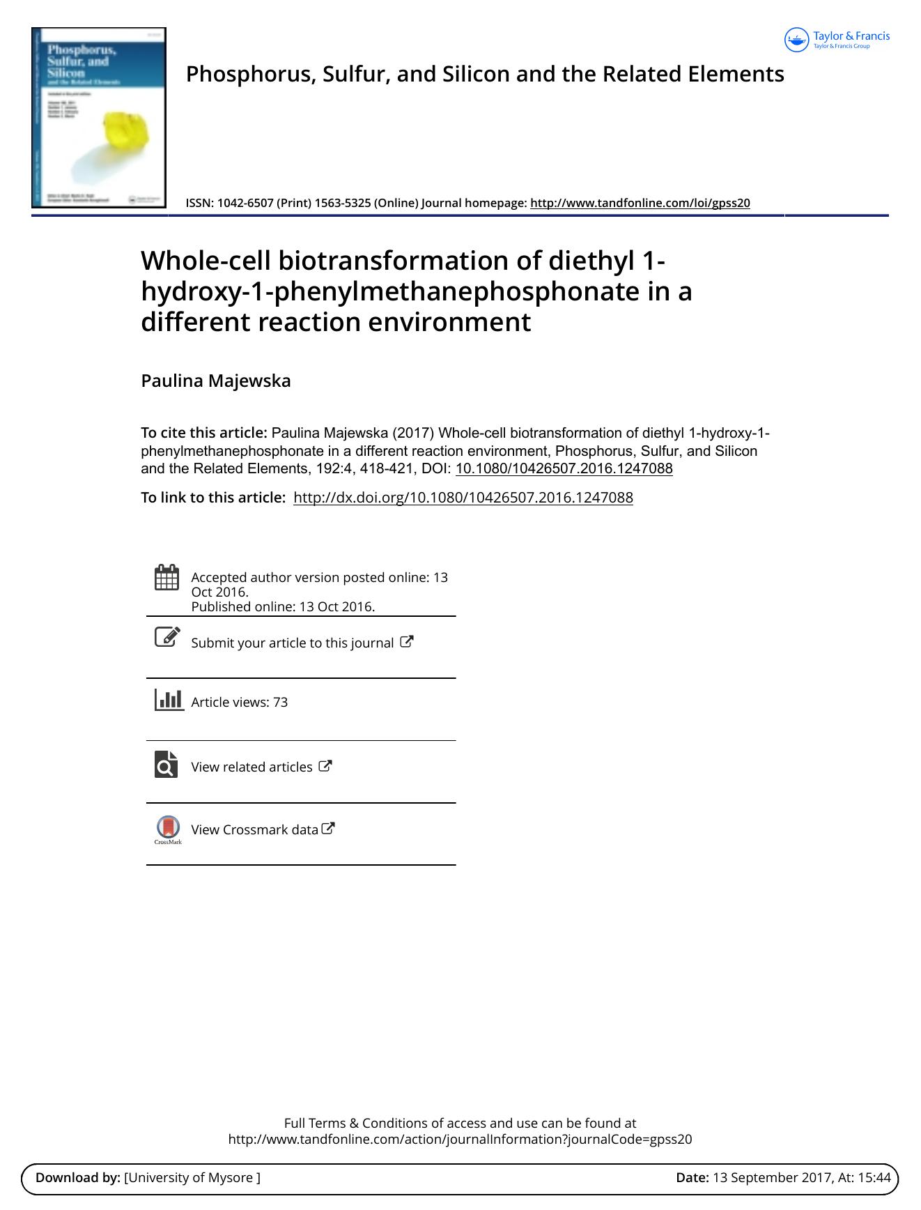 Whole-cell biotransformation of diethyl 1-hydroxy-1-phenylmethanephosphonate in a different reaction environment by Paulina Majewska