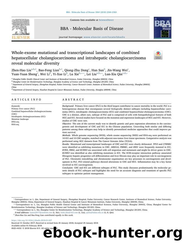 Whole-exome mutational and transcriptional landscapes of combined hepatocellular cholangiocarcinoma and intrahepatic cholangiocarcinoma reveal molecular diversity by unknow
