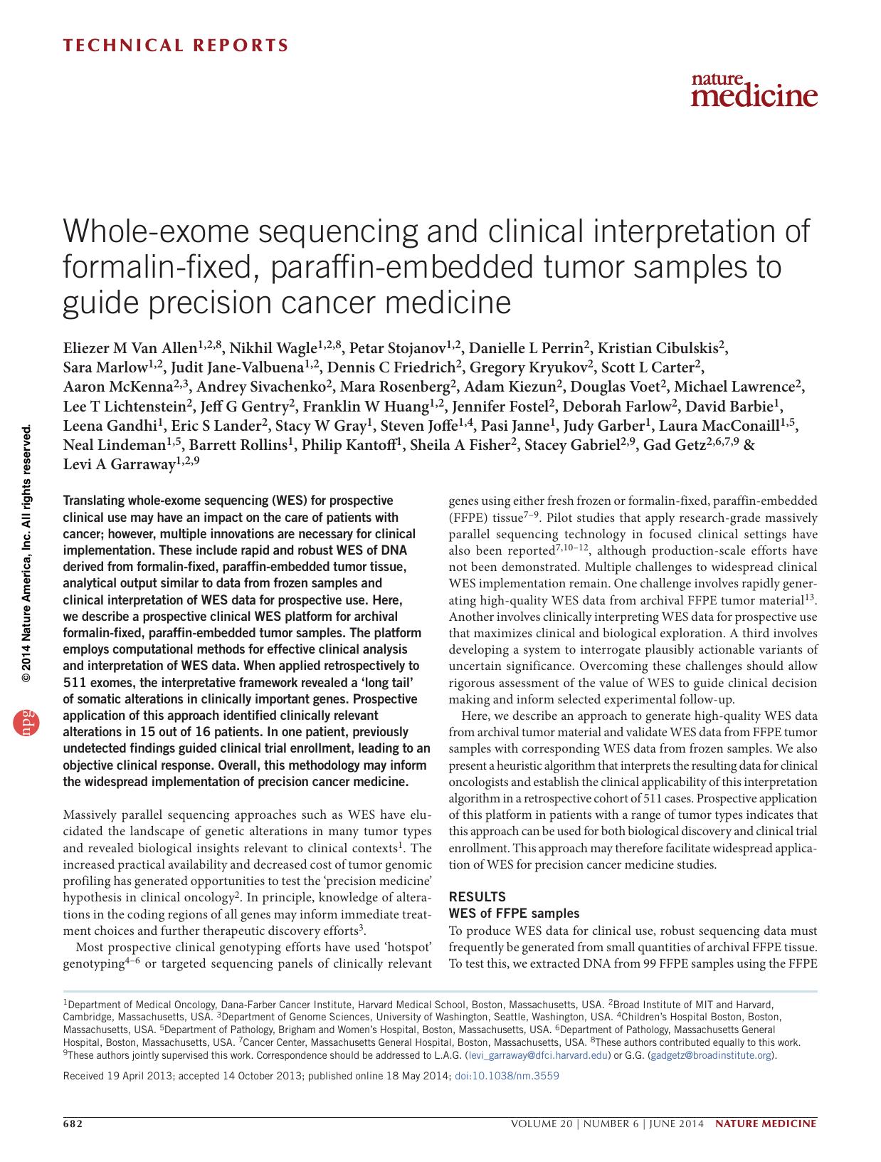 Whole-exome sequencing and clinical interpretation of formalin-fixed, paraffin-embedded tumor samples to guide precision cancer medicine by unknow
