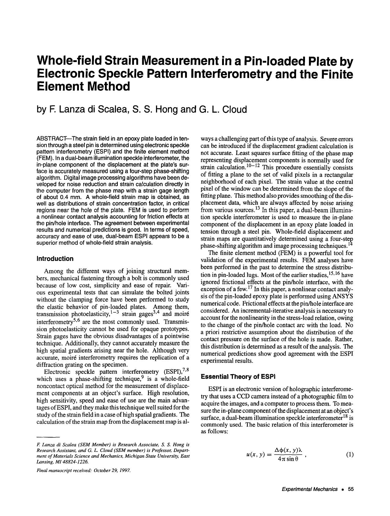 Whole-field strain measurement in a pin-loaded plate by electronic speckle pattern interferometry and the finite element method by Unknown