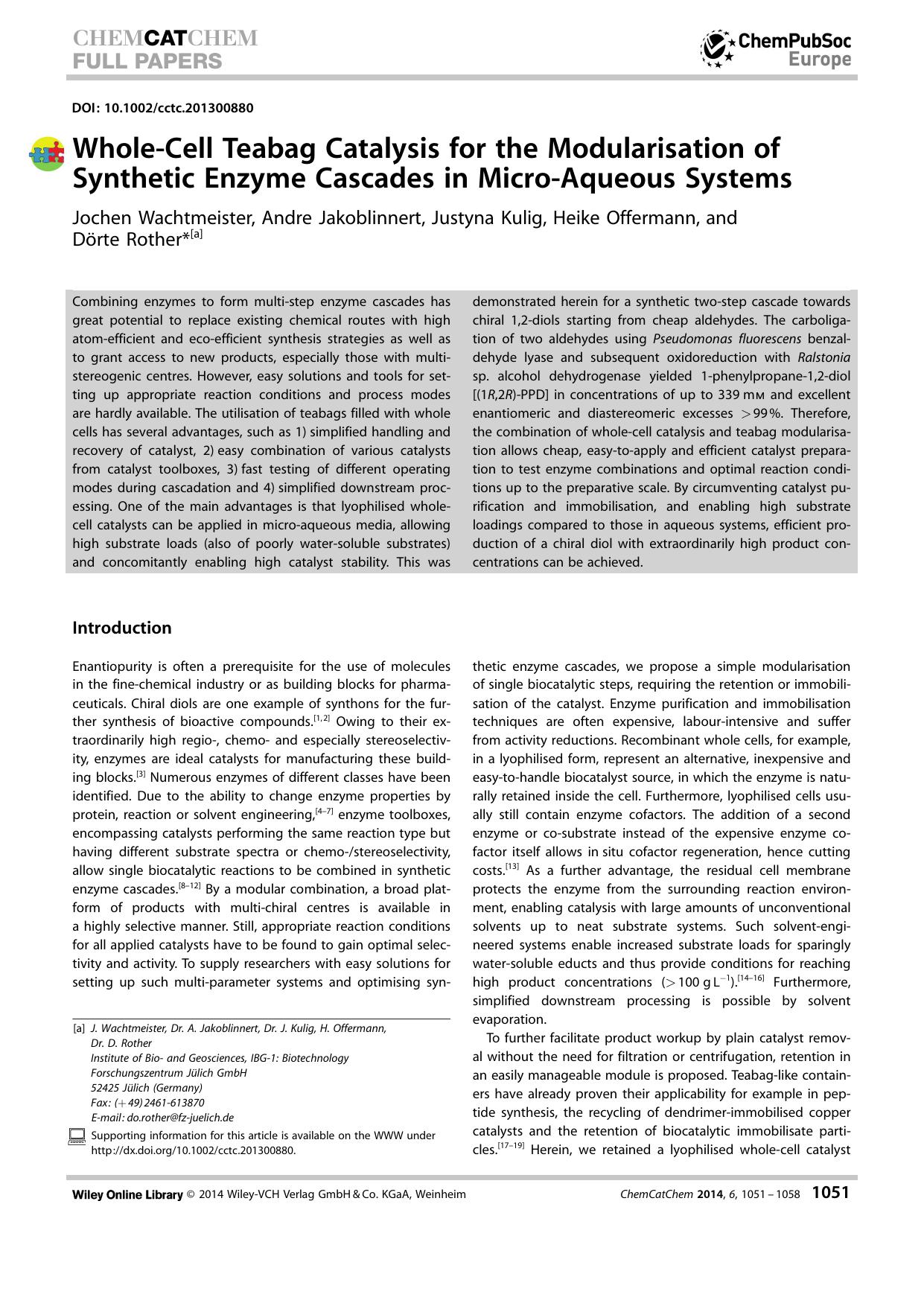 WholeCell Teabag Catalysis for the Modularisation of Synthetic Enzyme Cascades in MicroAqueous Systems by Unknown