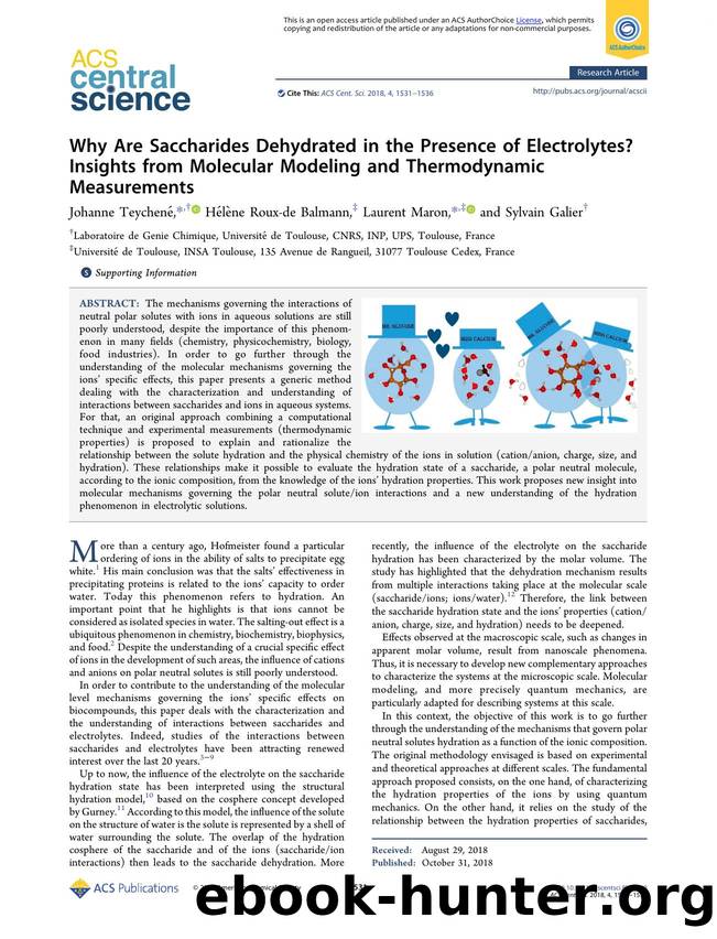 Why Are Saccharides Dehydrated in the Presence of Electrolytes? Insights from Molecular Modeling and Thermodynamic Measurements by unknow