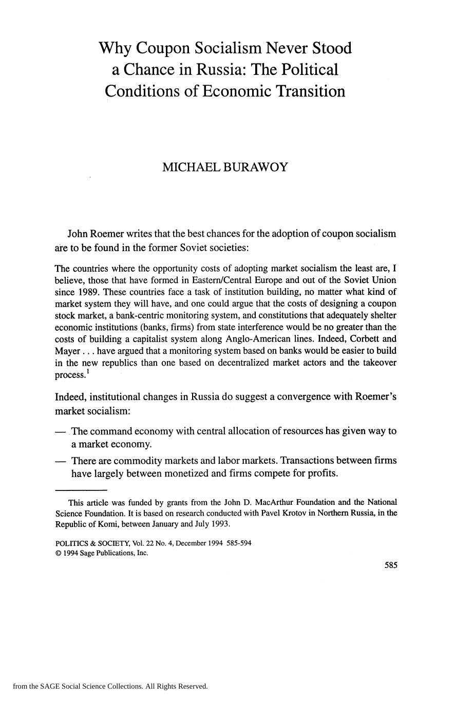 Why Coupon Socialism Never Stood A Chance In Russia [The Political Conditions Of Economic Transition] by Unknown