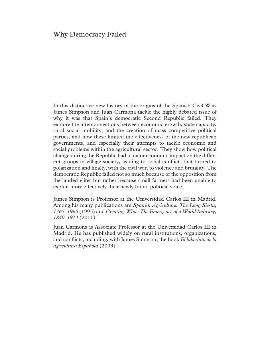 Why Democracy Failed: The Agrarian Origins of the Spanish Civil War by James Simpson; Juan Carmona