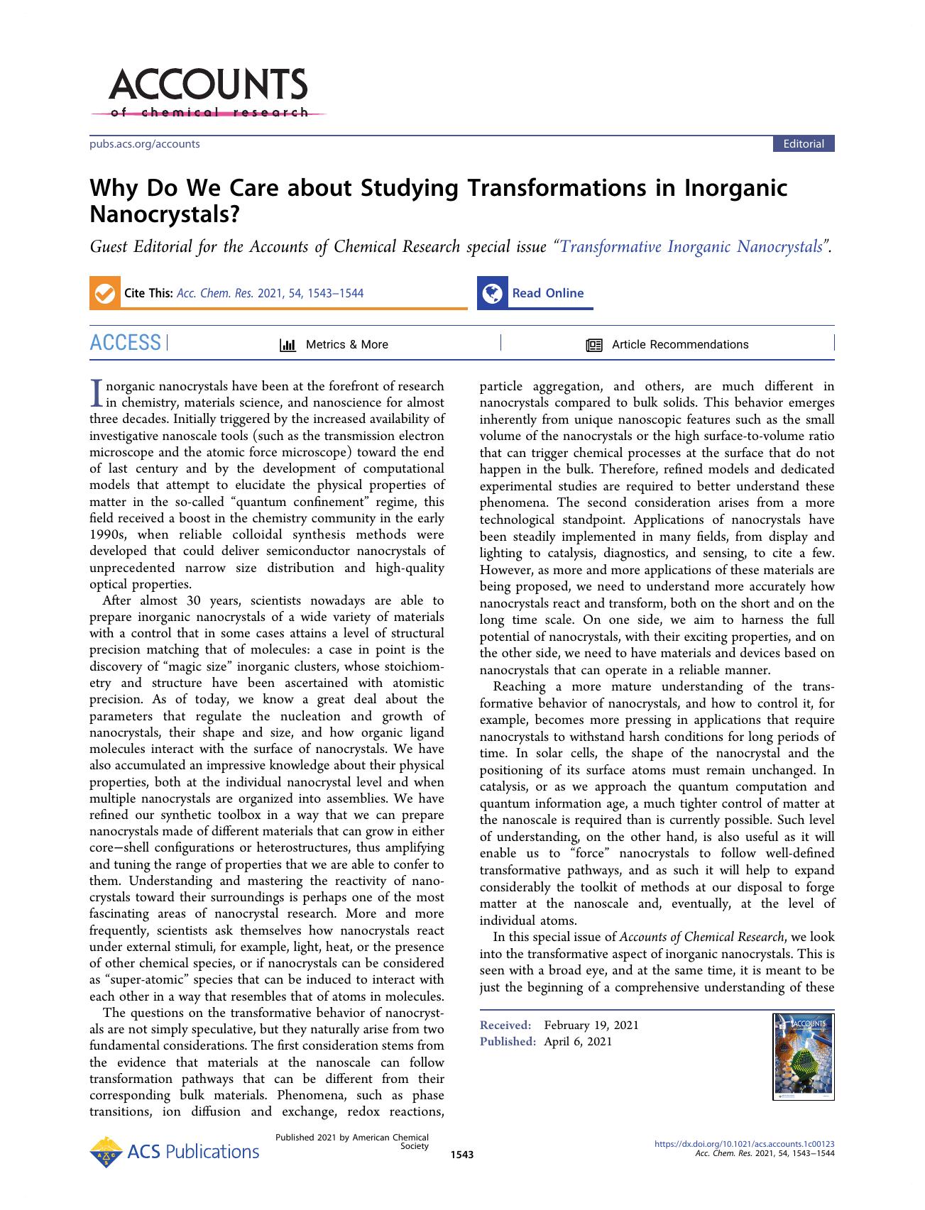 Why Do We Care about Studying Transformations in Inorganic Nanocrystals? by Liberato Manna Jinwoo Cheon and Raymond E. Schaak