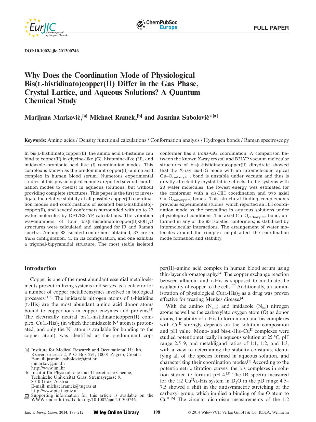 Why Does the Coordination Mode of Physiological Bis(Lhistidinato)copper(II) Differ in the Gas Phase, Crystal Lattice, and Aqueous Solutions? A Quantum Chemical Study by Unknown