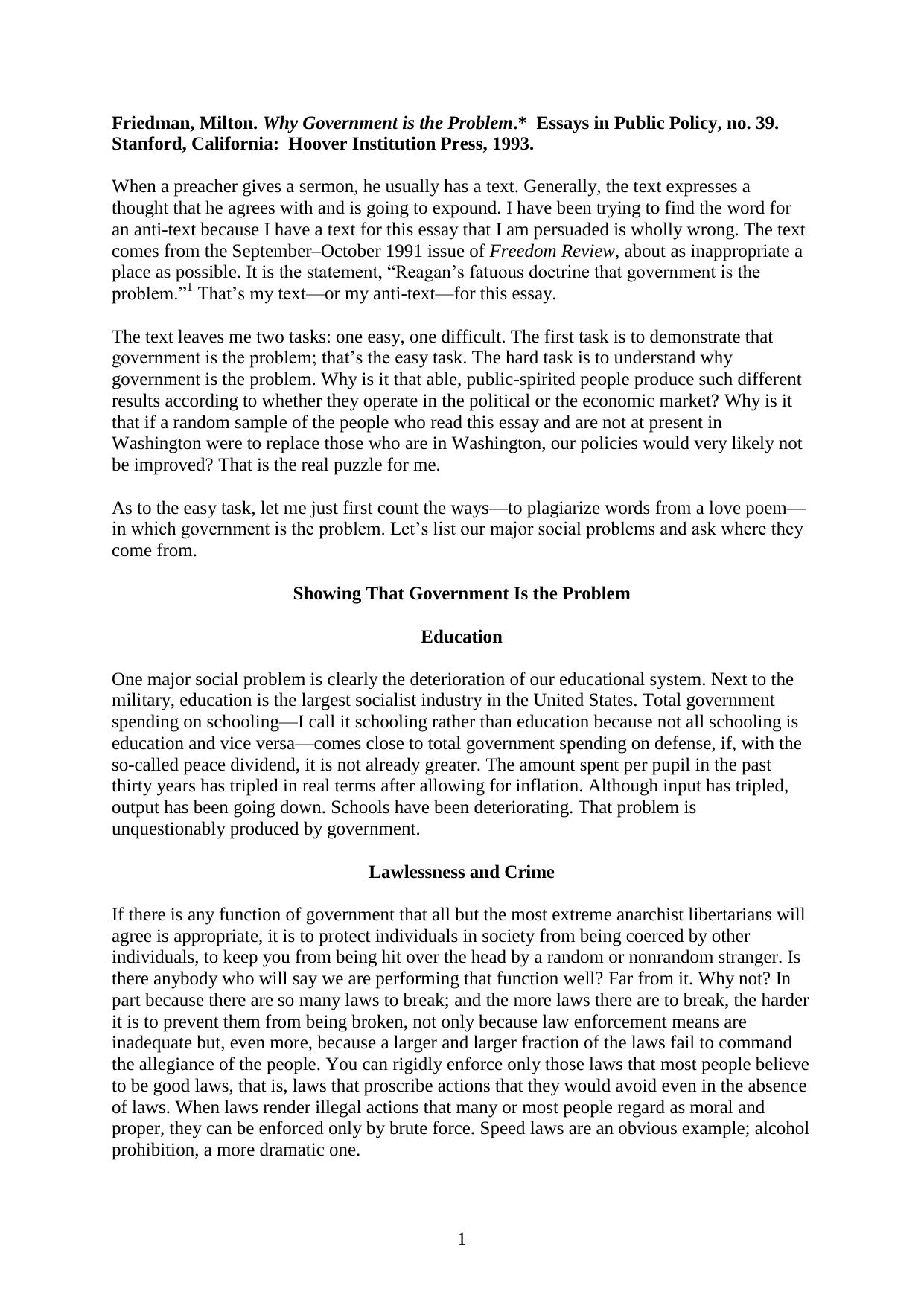 Why Government Is the Problem (Essays in Public Policy) by Milton Friedman