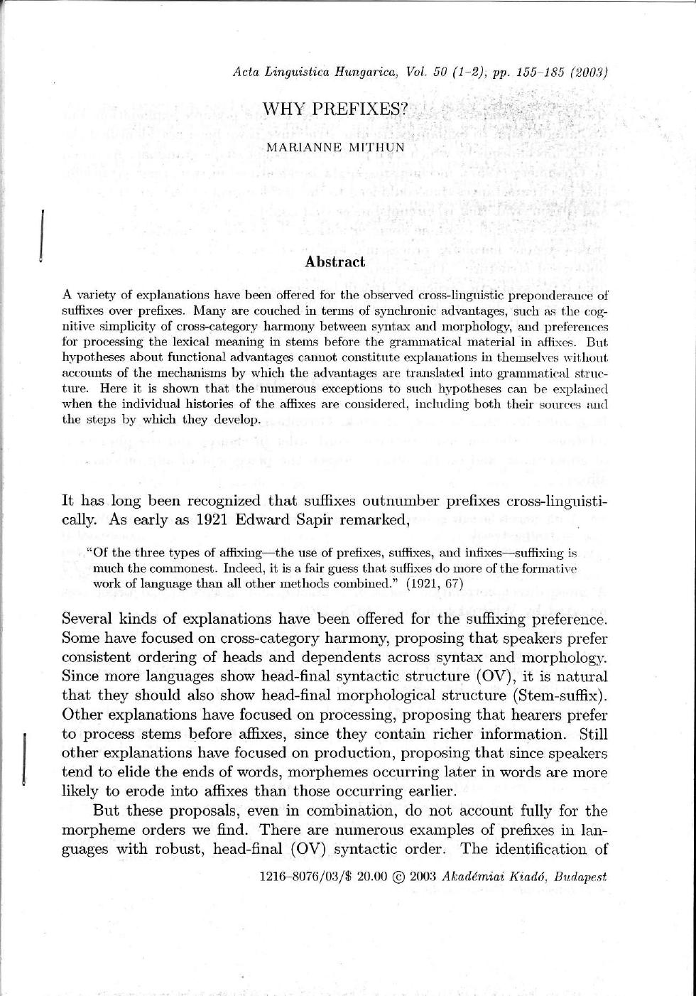 Why Prefixes by Marianne Mithun
