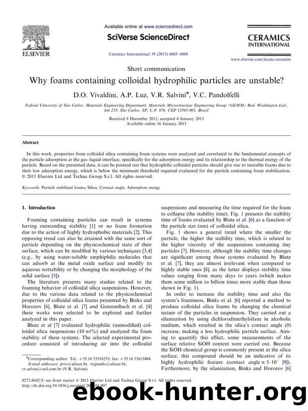 Why foams containing colloidal hydrophilic particles are unstable? by D.O. Vivaldini & A.P. Luz & V.R. Salvini & V.C. Pandolfelli