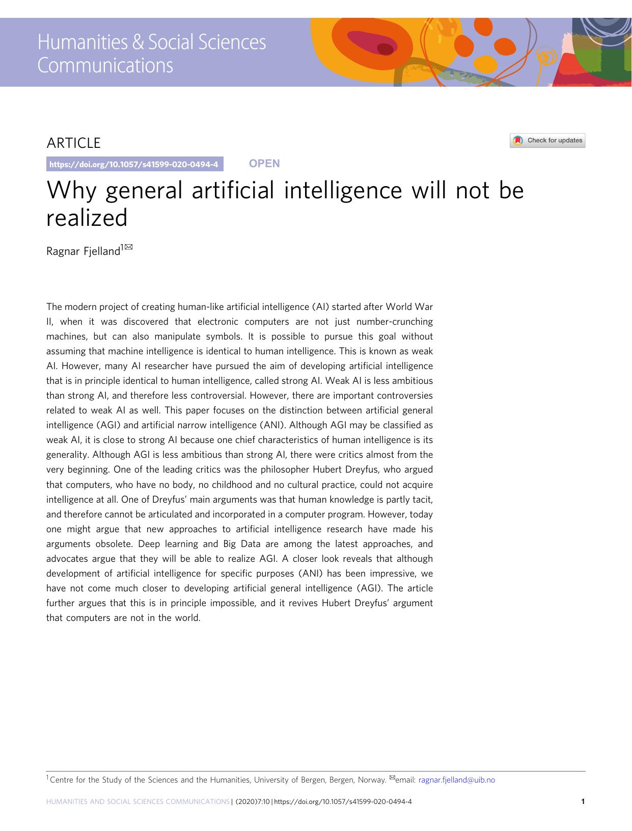 Why general artificial intelligence will not be realized by Ragnar Fjelland