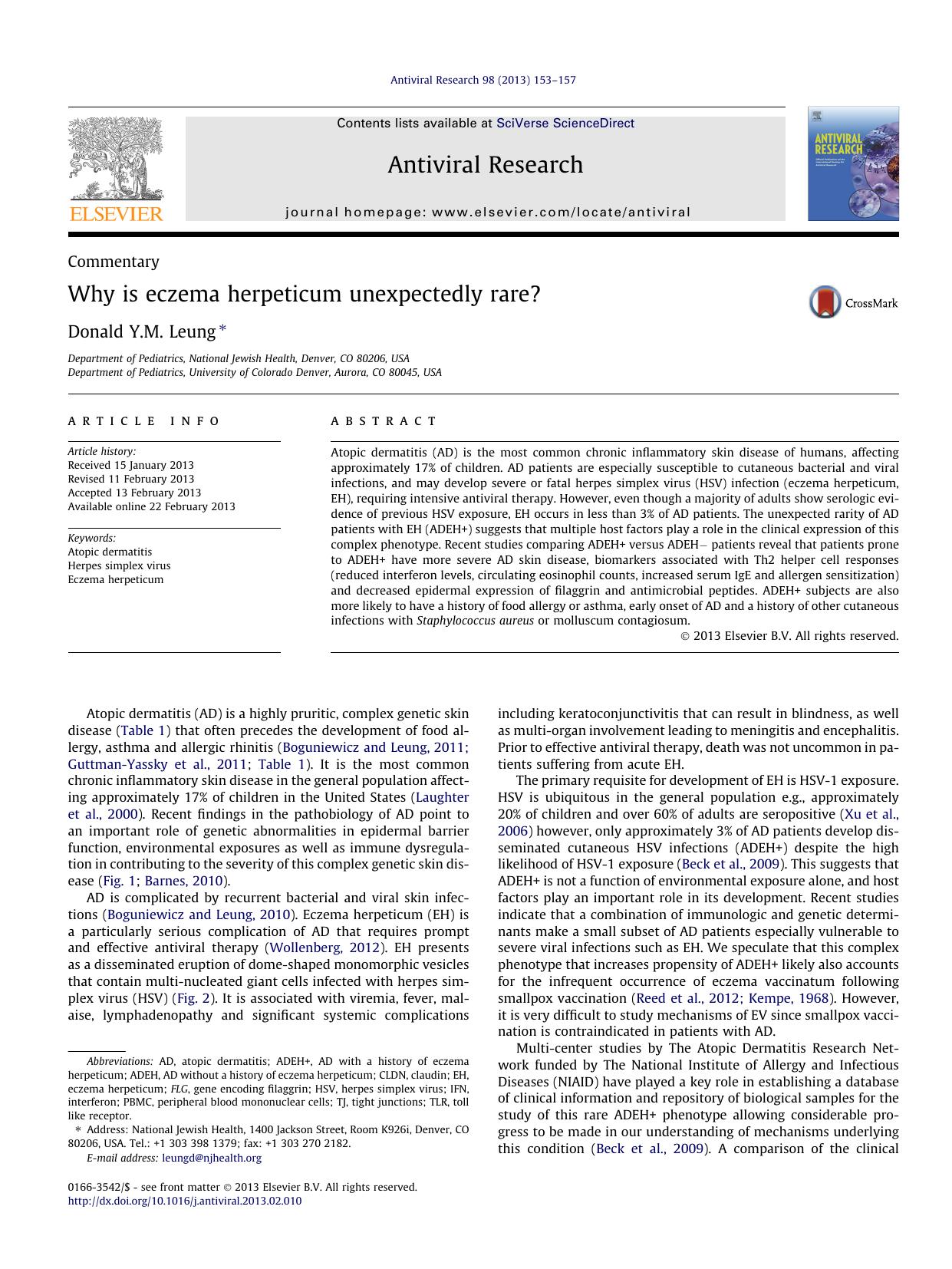 Why is eczema herpeticum unexpectedly rare? by Donald Y.M. Leung
