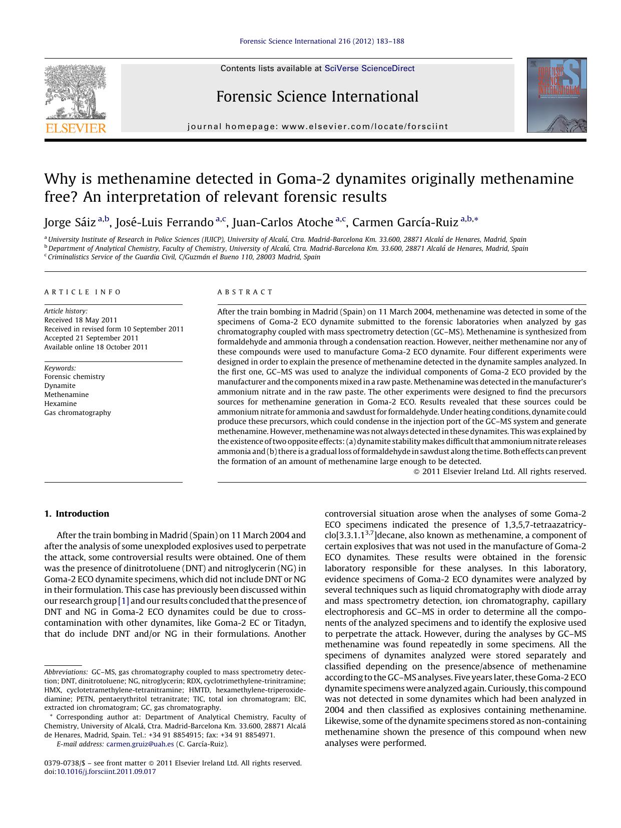 Why is methenamine detected in Goma-2 dynamites originally methenamine free? An interpretation of relevant forensic results by Jorge SÃ¡iz