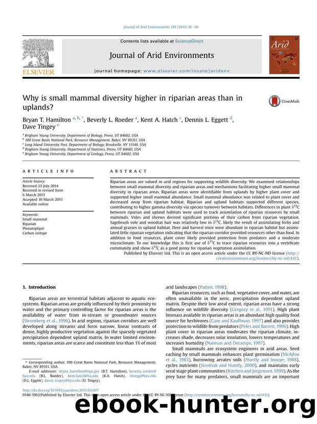 Why is small mammal diversity higher in riparian areas than in uplands? by Bryan T. Hamilton & Beverly L. Roeder & Kent A. Hatch & Dennis L. Eggett & Dave Tingey