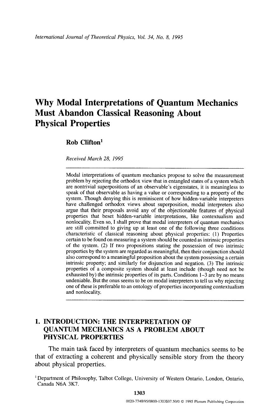 Why modal interpretations of quantum mechanics must abandon classical reasoning about physical properties by Unknown