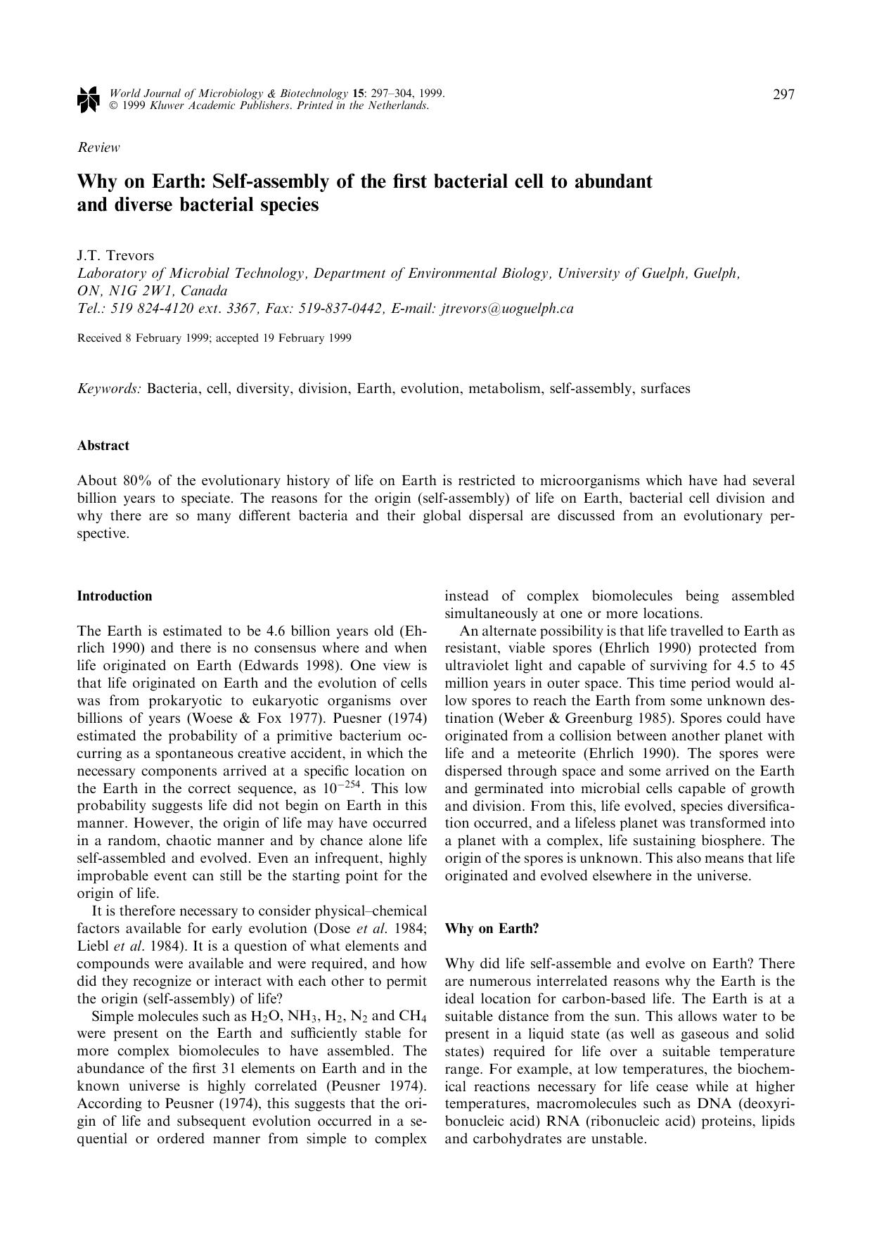 Why on Earth: Self-assembly of the first bacterial cell to abundantand diverse bacterial species by Unknown