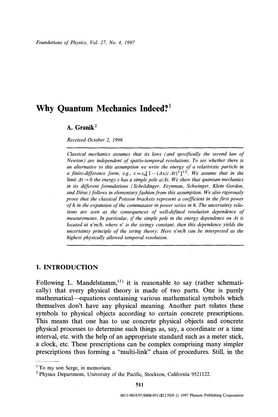 Why quantum mechanics indeed? by Unknown