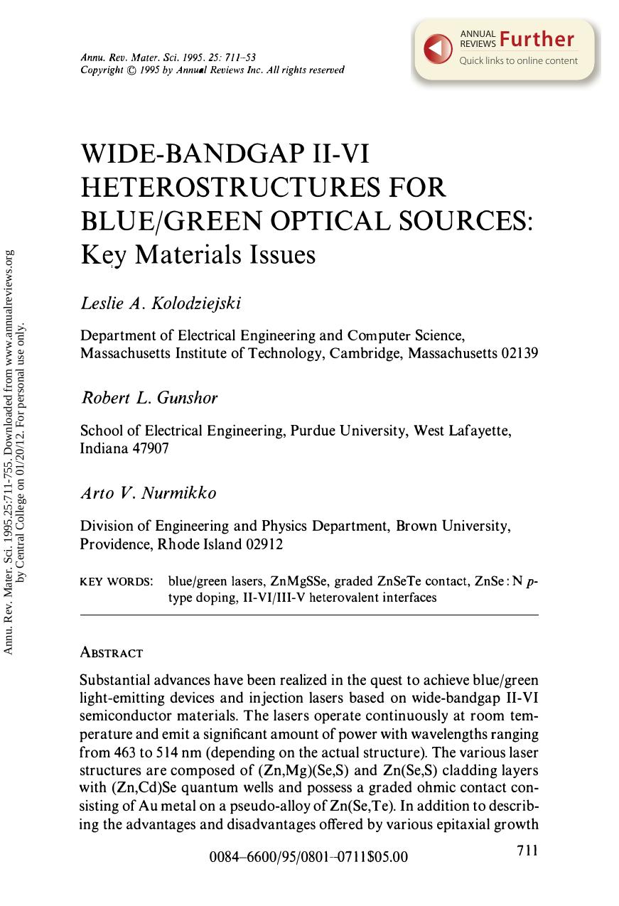 Wide-Bandgap II-VI Heterostructures for BlueGreen Optical Sources: Key Materials Issues by L A Kolodziejski R L Gunshor & A V Nurmikko