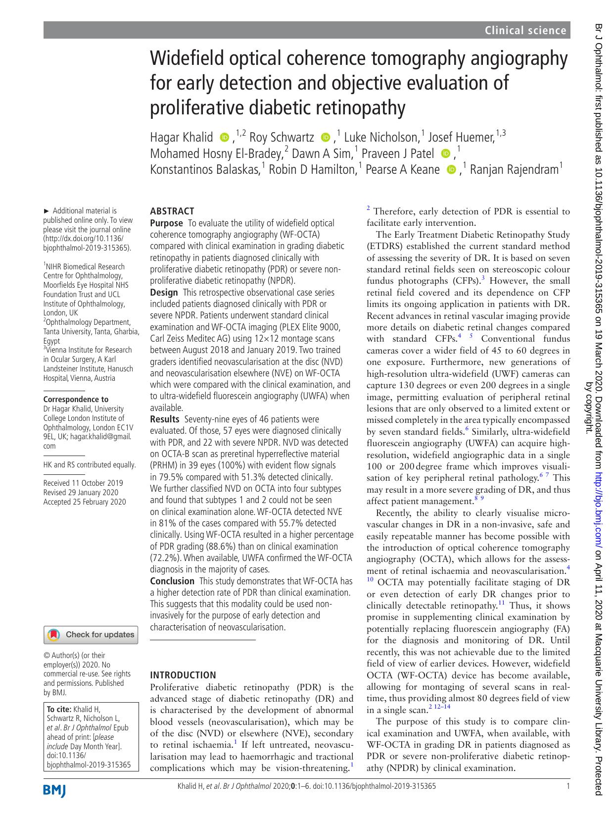 Widefield optical coherence tomography angiography for early detection and objective evaluation of proliferative diabetic retinopathy by Unknown