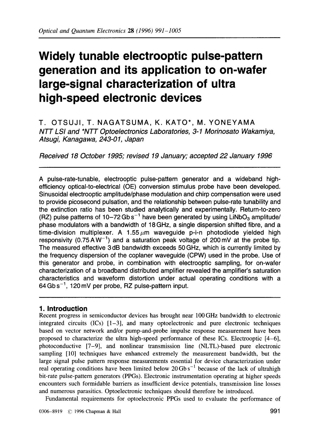 Widely tunable electrooptic pulse-pattern generation and its application to on-wafer large-signal characterization of ultra high-speed electronic devices by Unknown