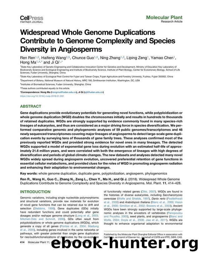 Widespread Whole Genome Duplications Contribute to Genome Complexity and Species Diversity in Angiosperms by Ren Ren & Haifeng Wang & Chunce Guo & Ning Zhang & Liping Zeng & Yamao Chen & Hong Ma & Ji Qi