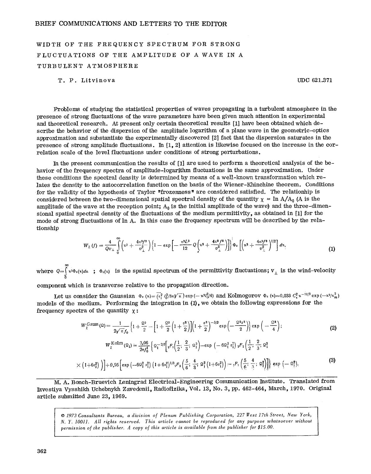 Width of the frequency spectrum for strong fluctuations of the amplitude of a wave in a turbulent atmosphere by Unknown