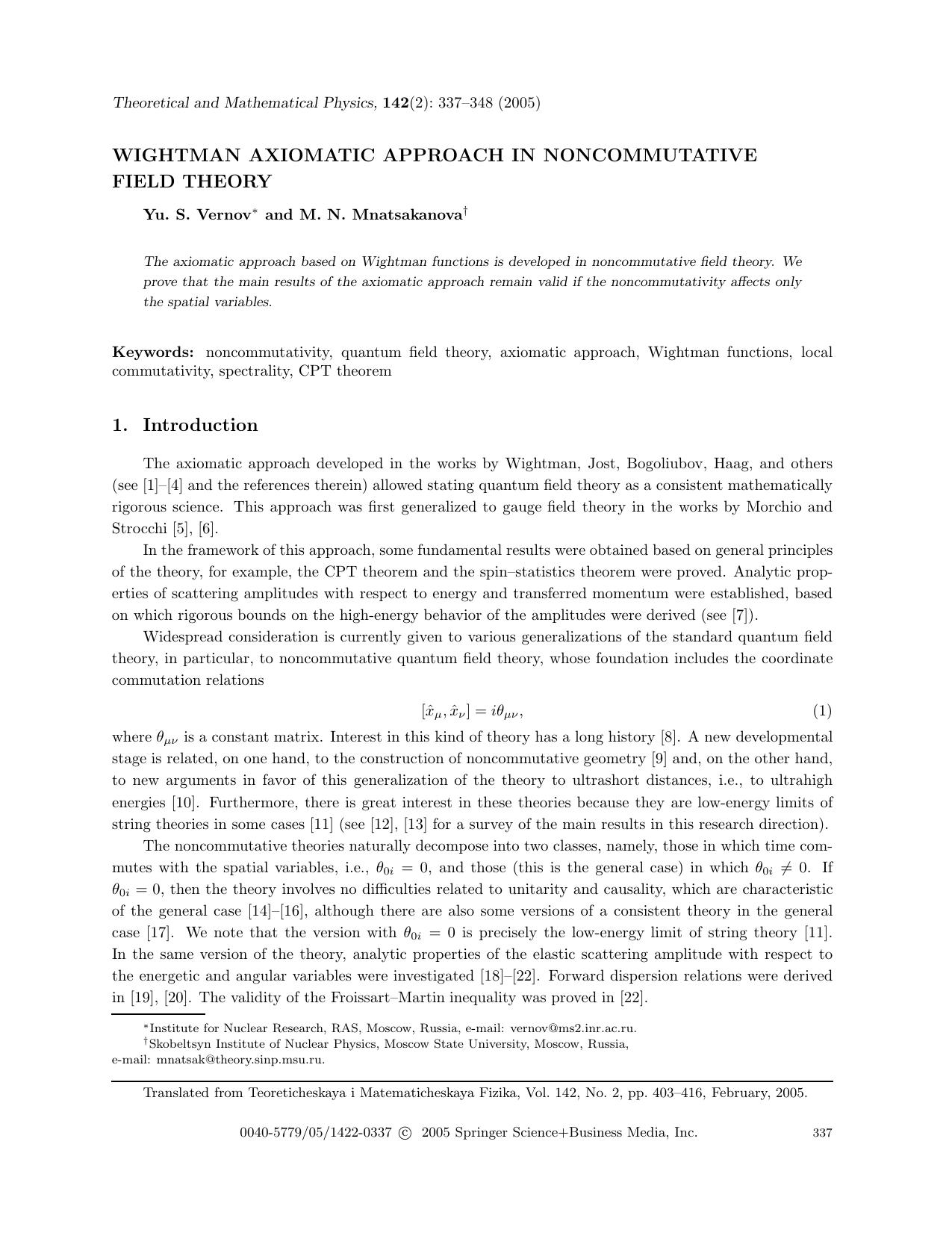 Wightman axiomatic approach in noncommutative field theory by Unknown