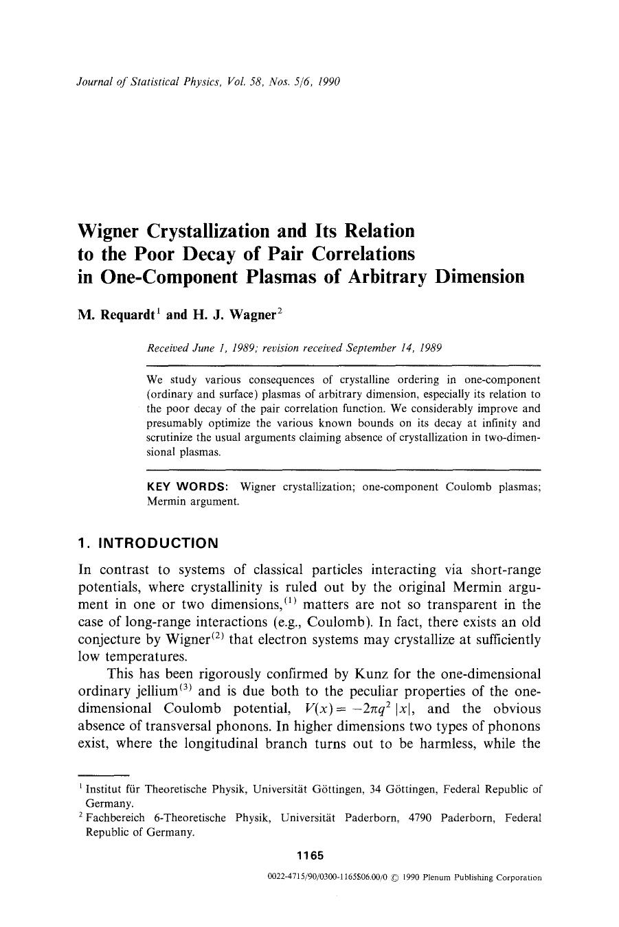 Wigner crystallization and its relation to the poor decay of pair correlations in one-component plasmas of arbitrary dimension by Unknown