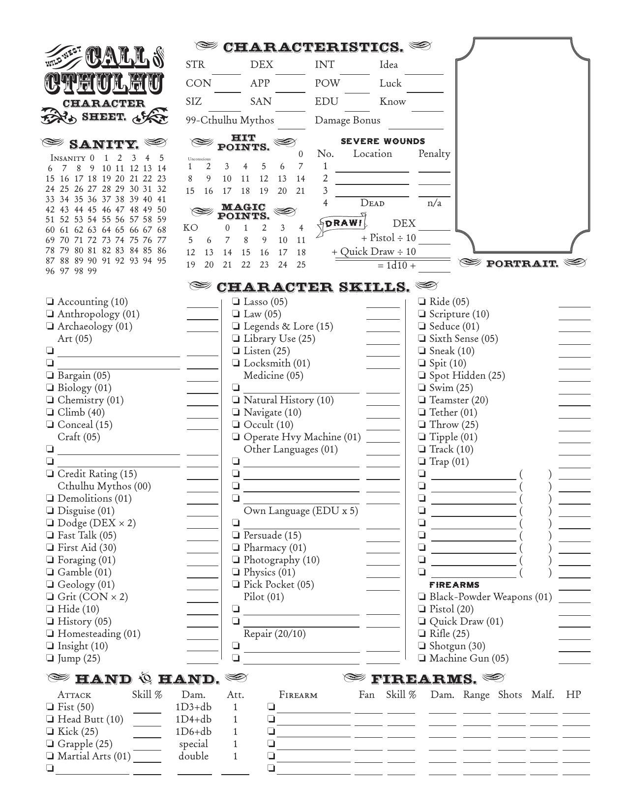 Wild West Call of Cthulhu Character Sheet by Patrick Murphy a Mad Irishman Production (www.mad-irishman.net)
