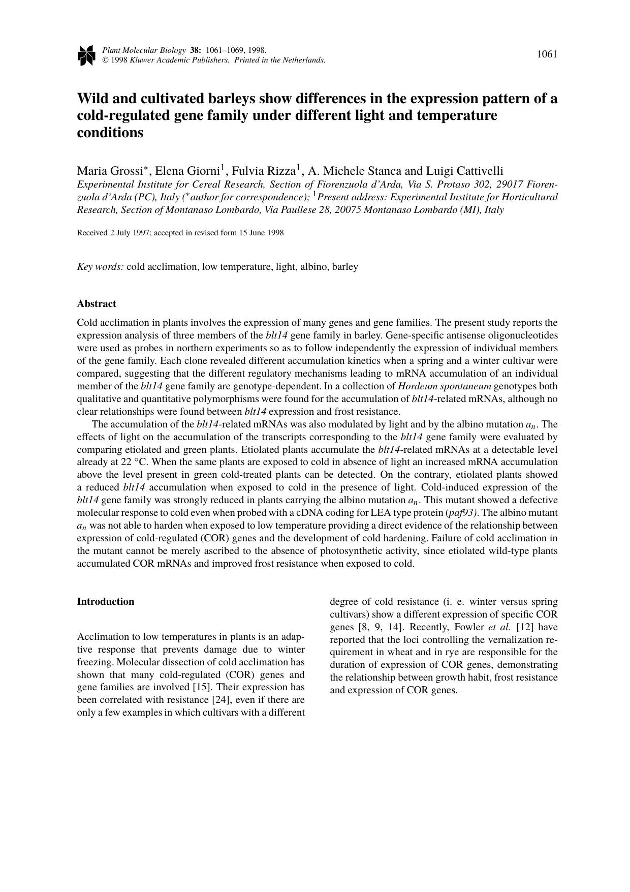 Wild and cultivated barleys show differences in the expression pattern of a cold-regulated gene family under different light and temperature conditions by Unknown