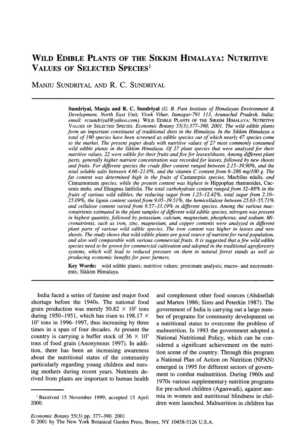 Wild edible plants of the Sikkim Himalaya: Nutritive values of selected species by Unknown