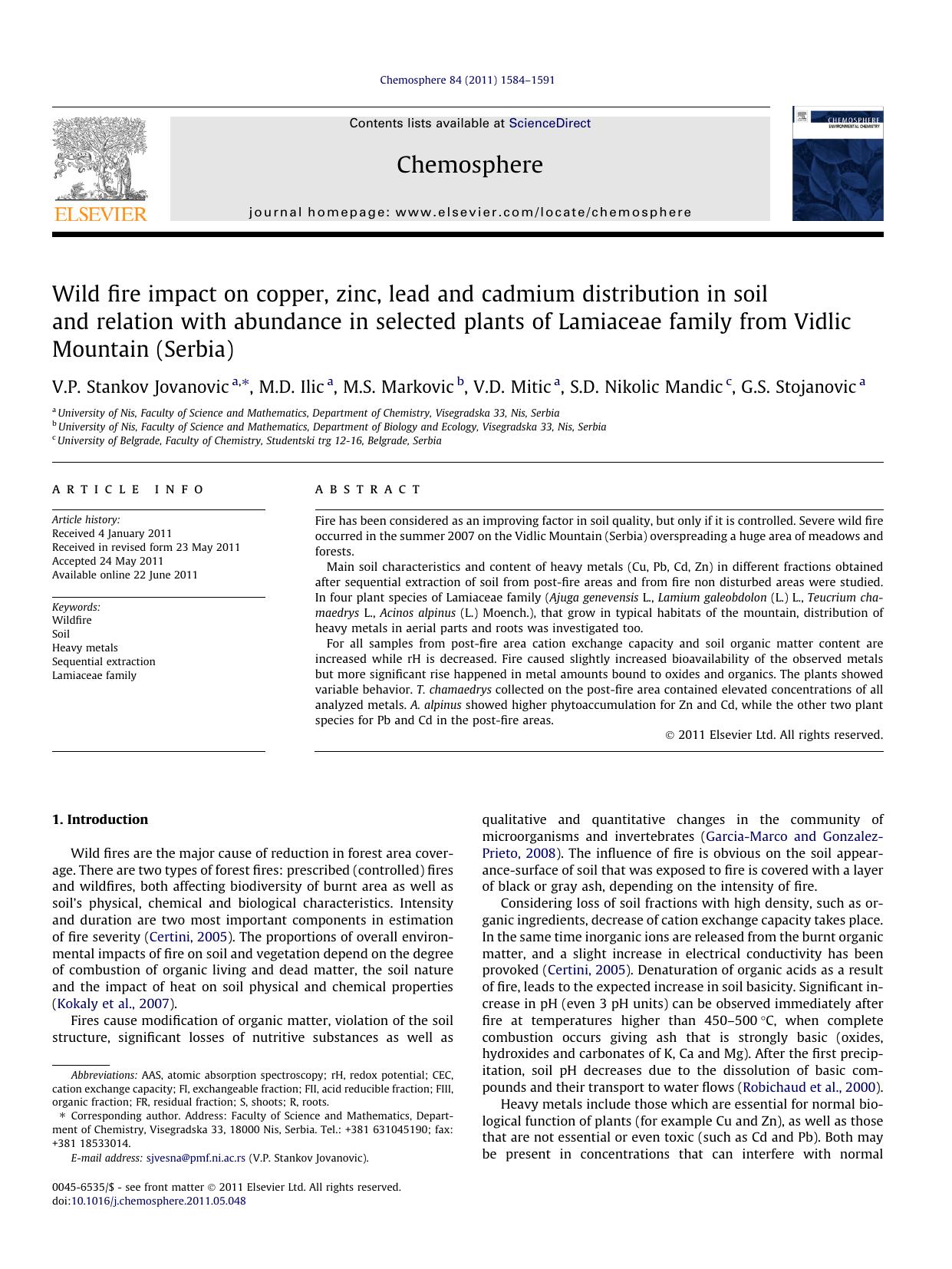 Wild fire impact on copper, zinc, lead and cadmium distribution in soil and relation with abundance in selected plants of Lamiaceae family from Vidlic Mountain (Serbia) by unknow