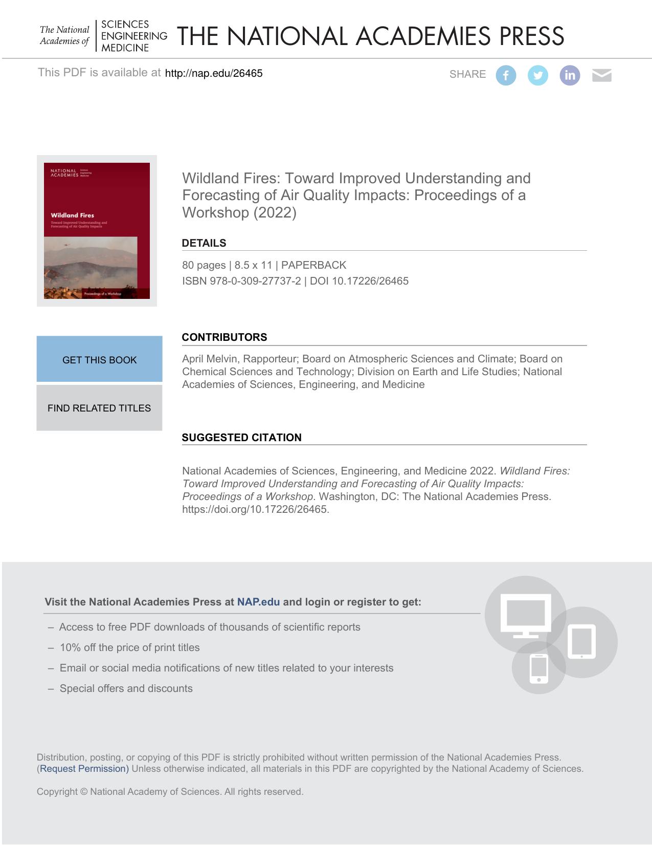 Wildland Fires: Toward Improved Understanding and Forecasting of Air Quality Impacts: Proceedings of a Workshop by April Melvin
